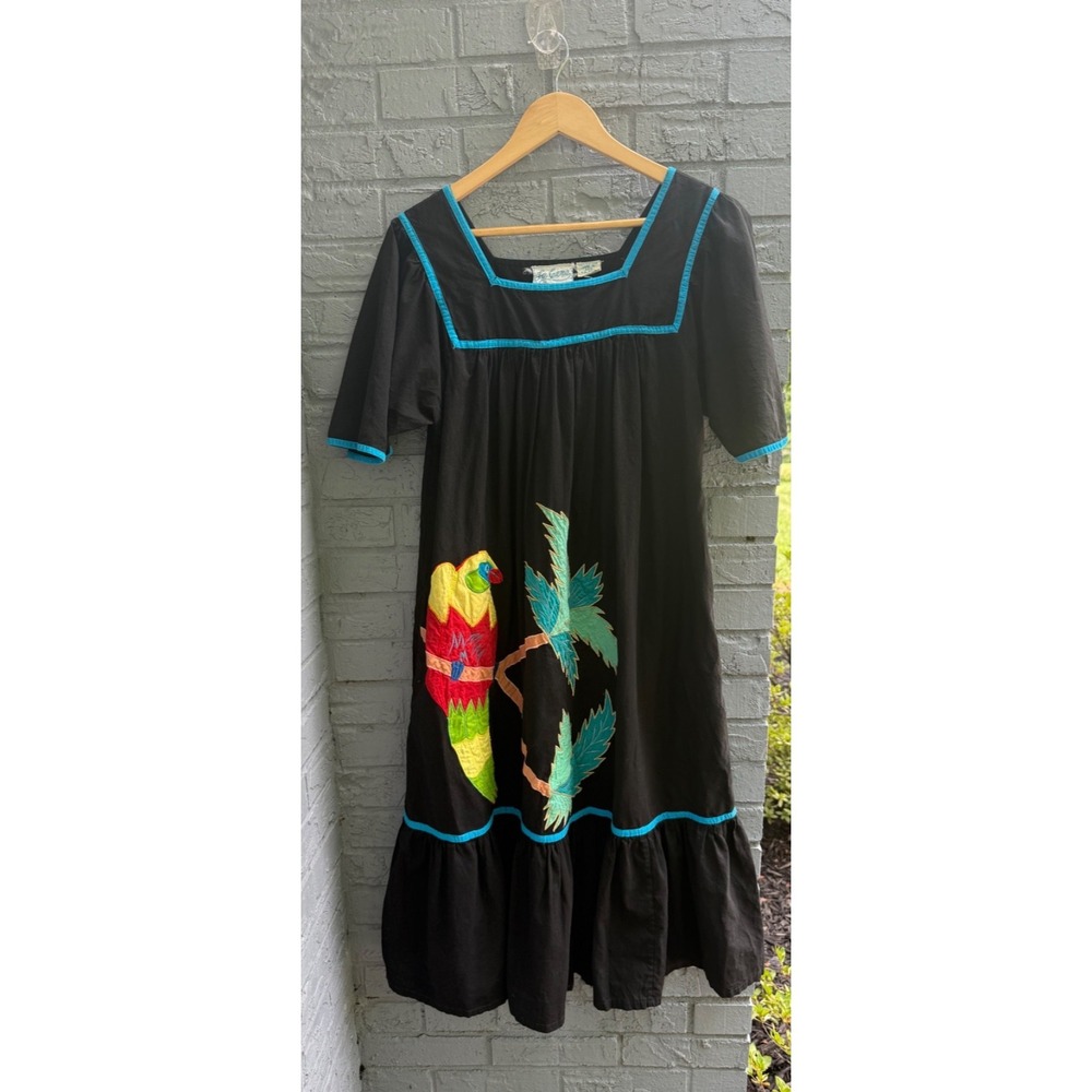 Vintage La Cera Parrot Palm Tree Applique Black Cottoon Midi Dress M India